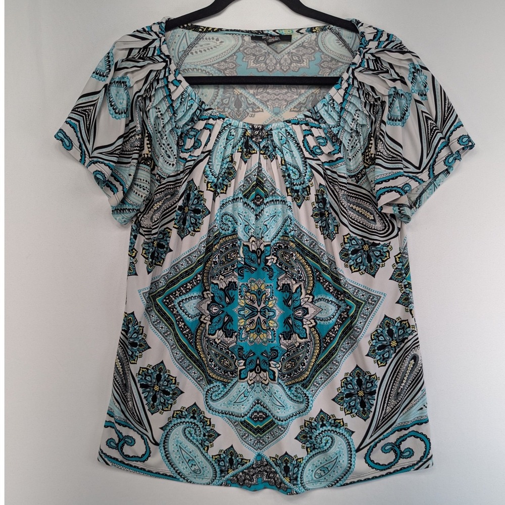 Style & Co Womens Medium Teal Paisley Medallion Pleated Scoop Neck Blouse Top